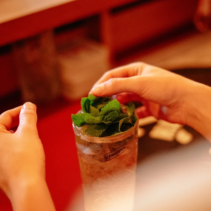 Handen die een cocktail met verse munt en ijs vasthouden