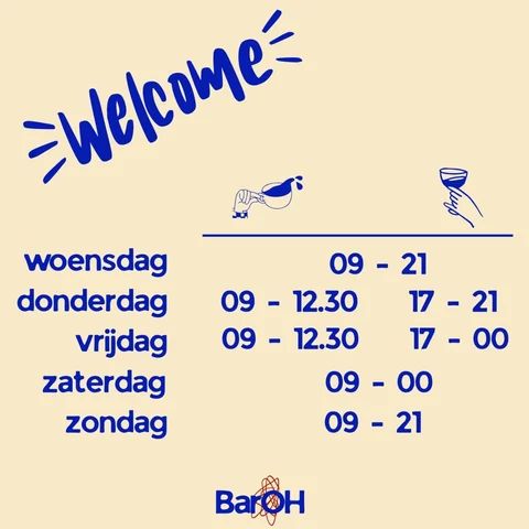 Het urenbord van BarOH: woensdag tot zondag open vanaf 9 uur